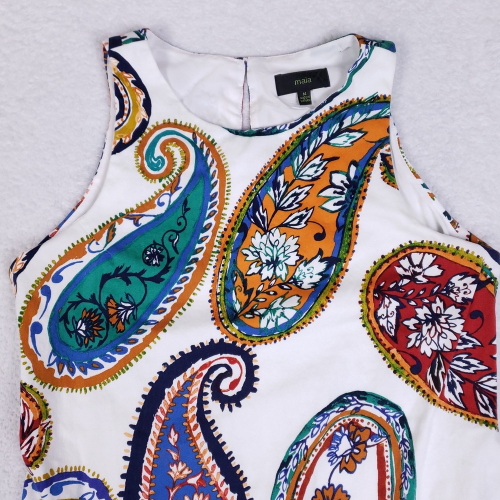 Maia Paisley Print Dress Women's 14 White Multicolor Sleeveless A-Line Boho - Picture 2 of 9